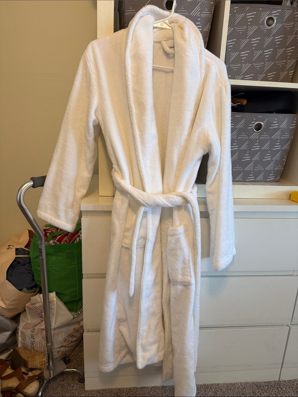 Quince White Plush Terry Bathrobe with Shawl Collar and Belt